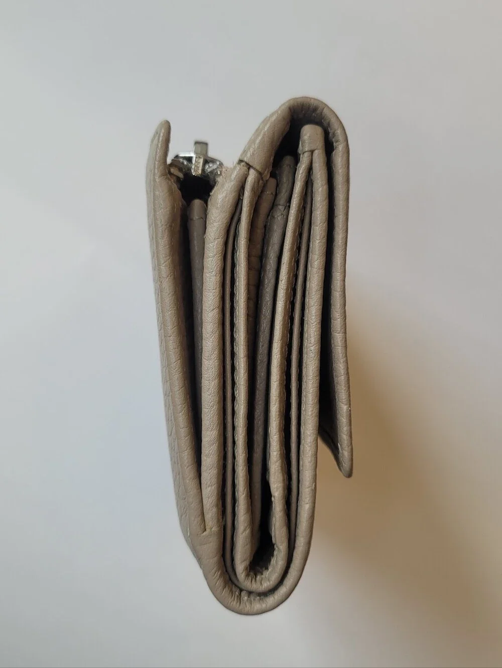 Valentina Taupe Pebbled Leather Trifold Wallet NWOT
